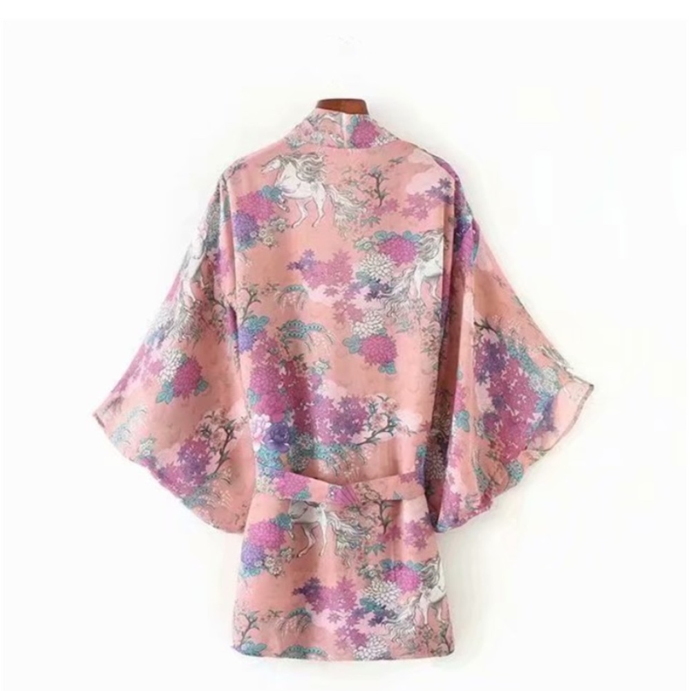 Boho pink floral print belted kimono cover up - Picture 3 of 3